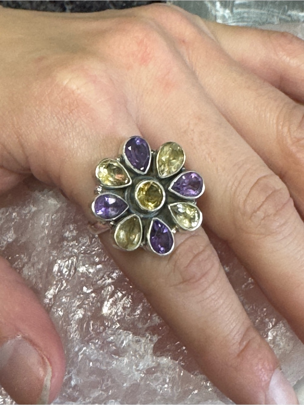 Citrine & Amethyst Sterling Silver Gemstone Flower Cocktail Ring - Size 7.75 - 8